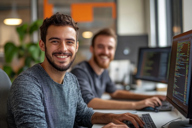 smiling young men at computers